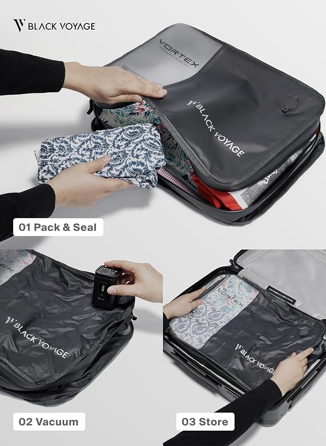 Black Voyage Reusable Vacuum Compression Travel Bag for Carry-On Suitcase and Backpack, Recycled IP67 Waterproof Space Saver (2-Pack, 21L - No Pump)