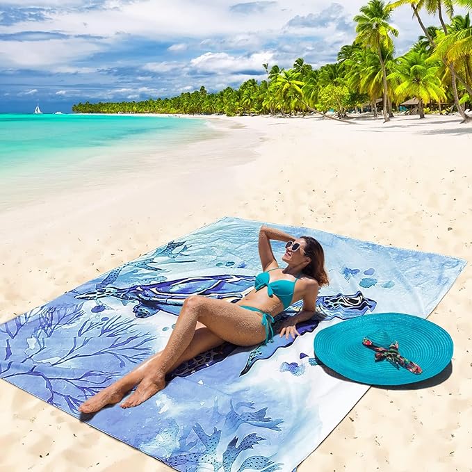 HIHOHO Beach Blanket Waterproof Sandproof Beach Mat 79”x 108” for 1-8 Adults Quick Drying Durable Outdoor Picnic Mat for Beach Festival Travel Camping Hiking (Seaturtle-Medium, 79"×108"(6 Person))