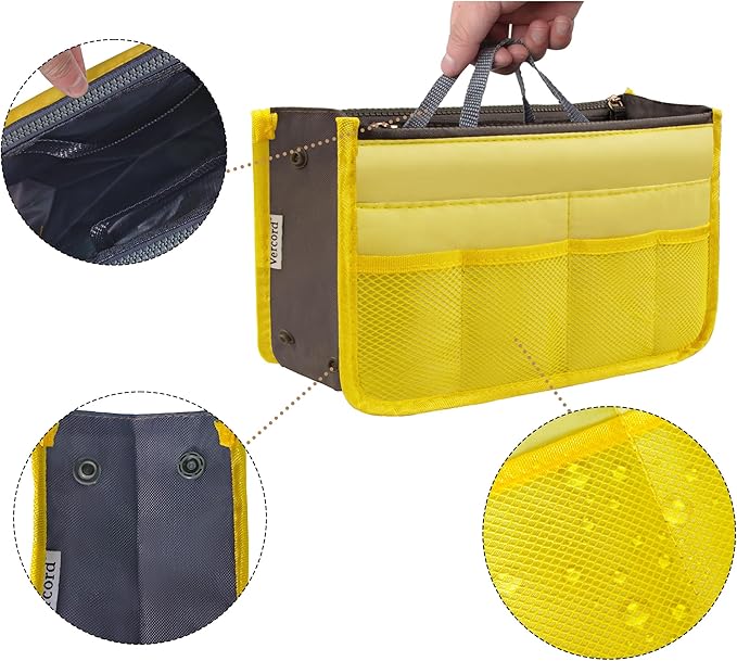 Vercord Purse Organizer Insert for Handbags Bag Organizers Inside Tote Pocketbook Women Nurse Nylon 13 Pockets Yellow Medium