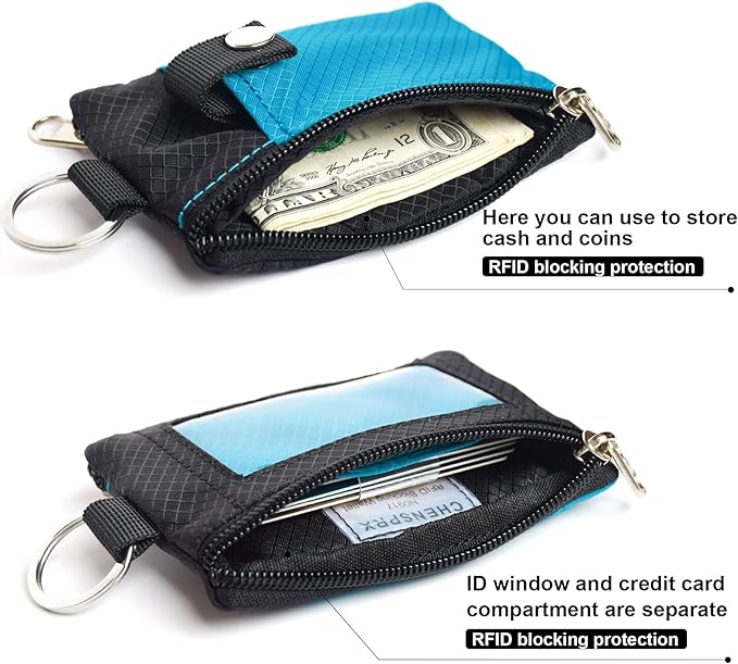 CHENSPRX Minimalist RFID Blocking Small Wallet with ID Window,WaterResistant Zip Id Case Wallet with Lanyard Keychain for Cards,Cash,Travel,Women,Men