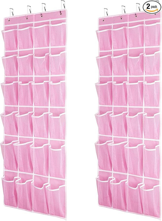 2 Pack Hanging Shoe Organizer，Over Door Shoe Organizer with 24 Mesh Large Pockets Shoe Storage Bag for Sport Shoes Size:58x21 Inch Hanging Door Shoe Rack Organizer (Pink-2pack)
