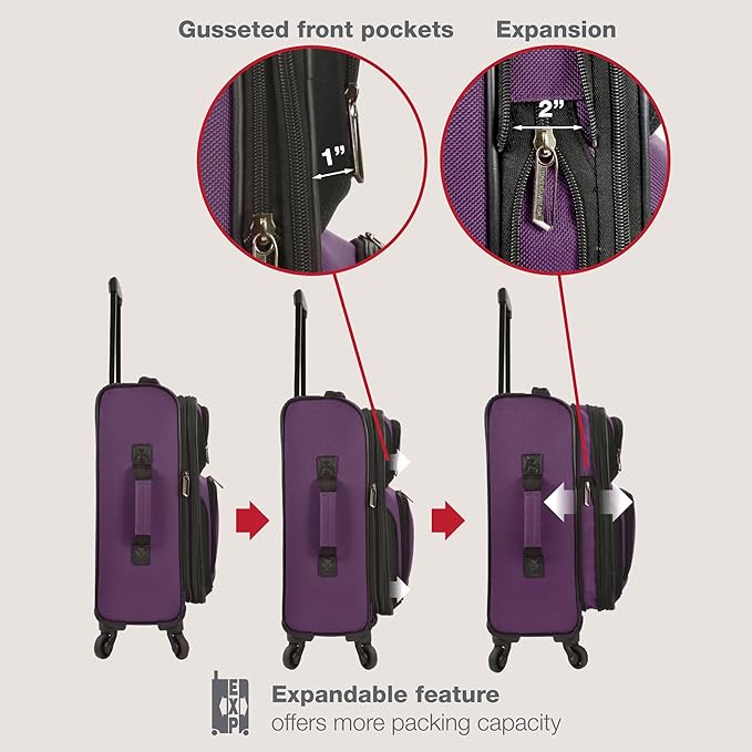 U.S. Traveler Rio Lightweight Softside Rolling Carry-on Suitcase, 4-Wheel Set, Purple