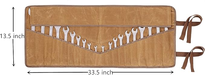 Denifiter 20+4 Pockets Roll Up Pouch, Hand Tool Roll Bag, Durable 16OZ Waxed Canvas Wrench Roll for Metric or SAE (Khaki)