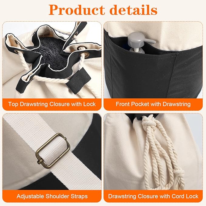 Black single-shoulder backpack-style laundry bag made of durable canvas material with a drawstring closure design, suitable for use at university, camping, laundromats, and apartments.