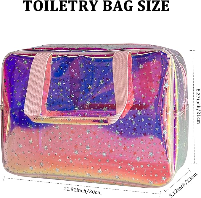 TPU Holographic Pink Star Large Cosmetic Bag 12x5x8 inch Travel Pouch with Handle,Durable Material,Zipper Design-Ideal for Makeup,Travel Essentials (9593-8)