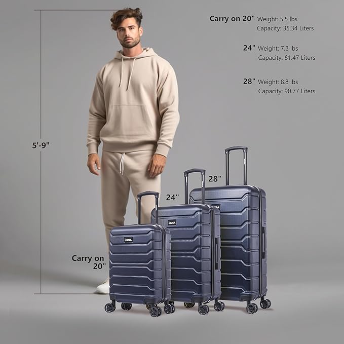 InUSA TREND Luggage with Spinner Wheels | Durable Lightweight Hardshell SuitcaseTravel sets with Handle and Trolley | (20in 24in 28in) 3 Piece Set | Blue