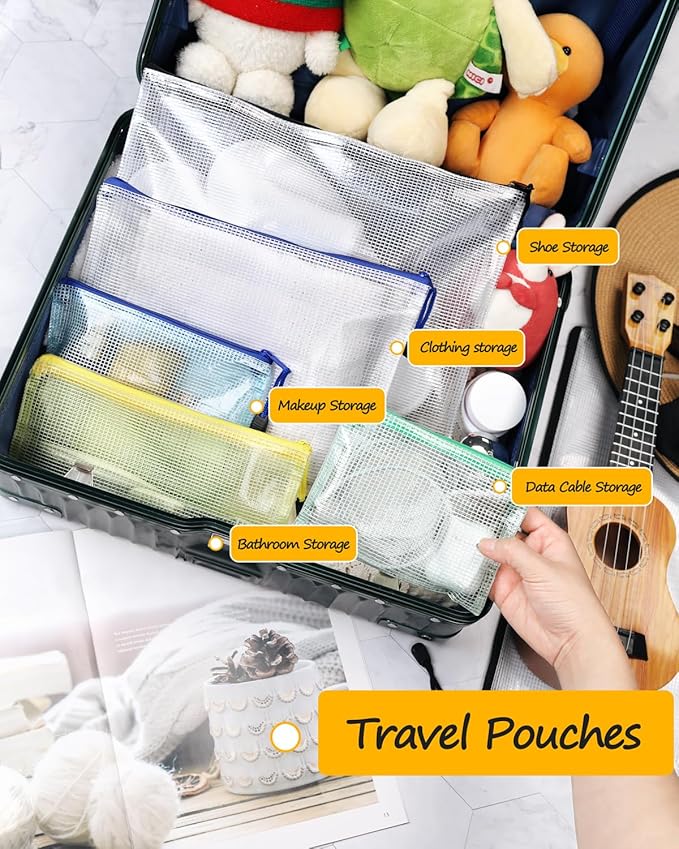SUNEE Plastic Mesh Zipper Pouch 4.6x9.2 in (8 Colors, 24 Packs), Small Water-Resistant Zip Bag for School Office Supplies, Pencil Organizing Storage