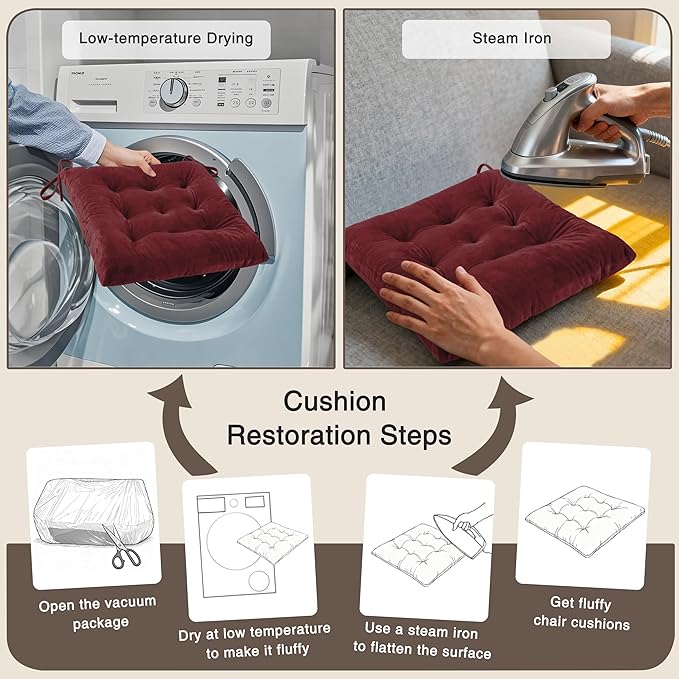 OVOV 4 Pack Chair Cushions for Dining Chairs Soft Seat Cushions for Kitchen Desk Chairs Square Chair Pads with Ties (15.5"x15.5" Burgundy)