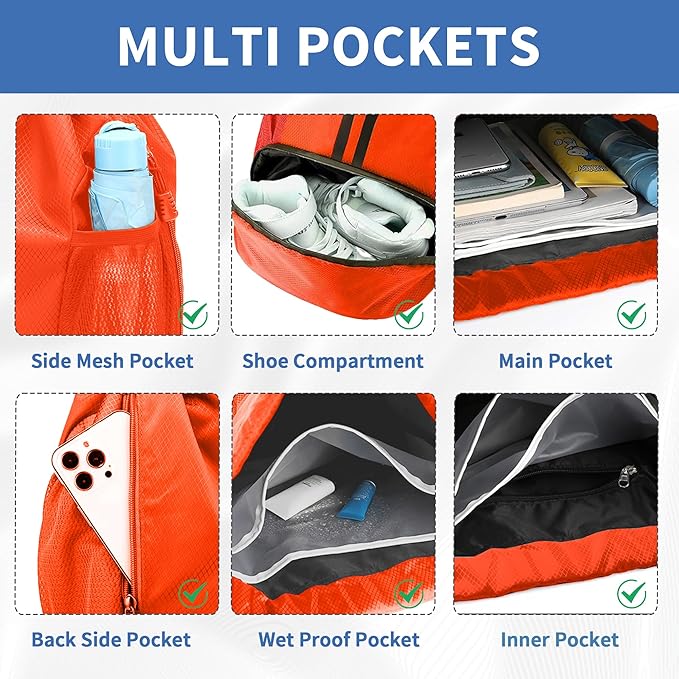 Drawstring Backpack Gym Bag with Shoes Compartment for Soccer, Basketball, Swim, Water-Resistant String Backpack Beach Cinch for Women Men, Red