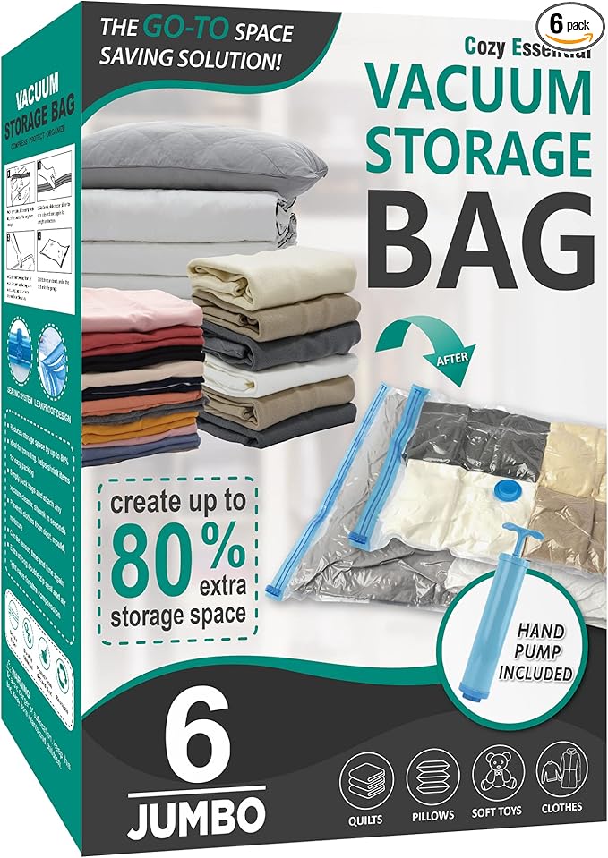 Cozy Essential Vacuum Storage Bags, 80% Compression Vacuum Seal Space Saver Plastic Packaging Bags for Clothes, Blankets, Pillow, Bedding, Comforters, Sealer Clothing Storage,6 Jumbo
