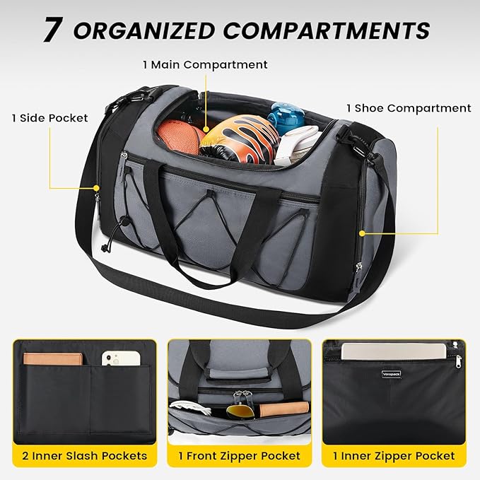 Vorspack Gym Bag for Men - 21 Inches Duffle Bag for Travel Lightweight Duffel Bag with Shoe Compartment Personal Item Travel Bag Weekender Bag for Travel Sports Gym - Grey