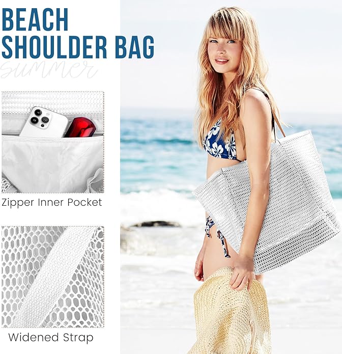 Beach Bags for Women, Summer Travel Mesh Tote Bag with Large Inner Pocket, Sandproof Woven Shoulder Handbag