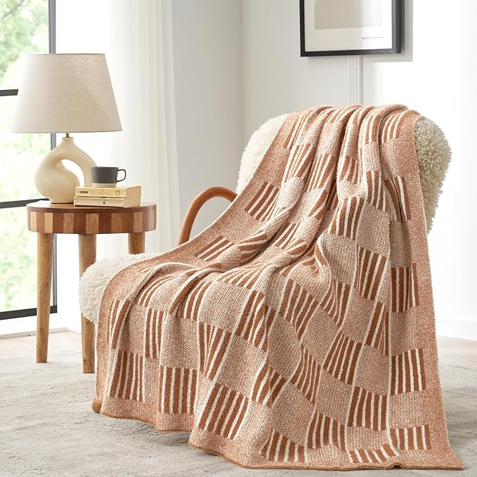 Snuggle Sac Checkered Orange Throw Blanket for Fall,Super Soft Reversible Cozy Warm Blanket for Couch Sofa Bedroom,Cute Lightweight Striped Throws for Women,Heather Orange,60x80 inches