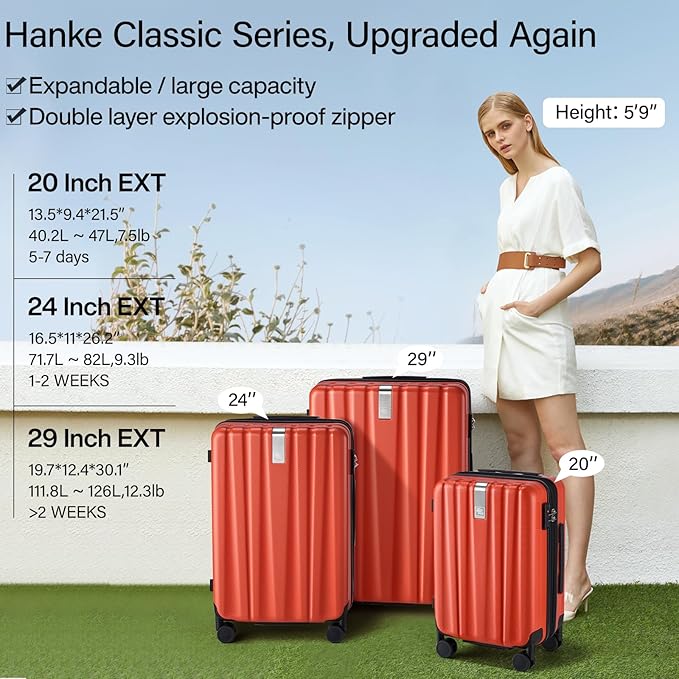 Hanke 20 Inch Expandable Carry on Luggage 22x14x9 Airline Approved Lightweight PC Hard Shell Suitcases with Wheels Tsa Luggage Rolling Suitcase Travel Luggage Bag for Weekender(Orange)
