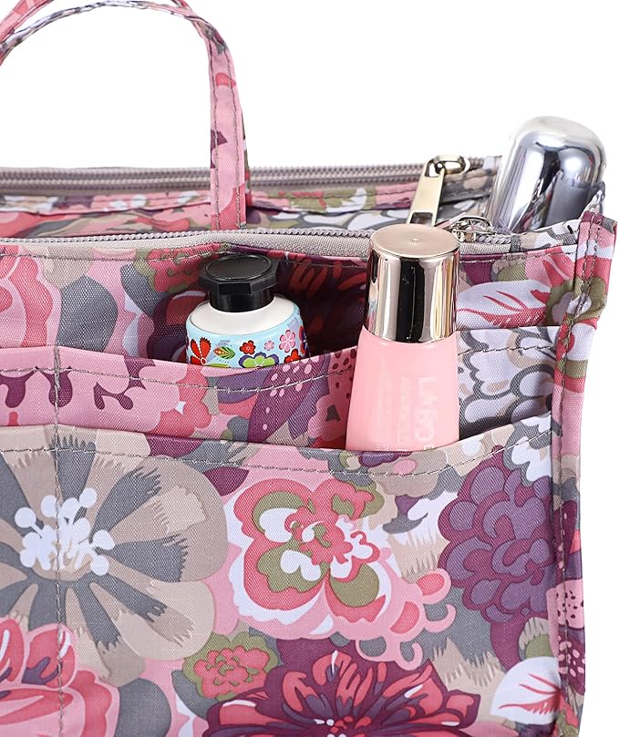 BTSKY Printing Handbag Organizers Inside Purse Insert - High Capacity 13 Pockets Bag Tote Organizer with Handle (Peony)