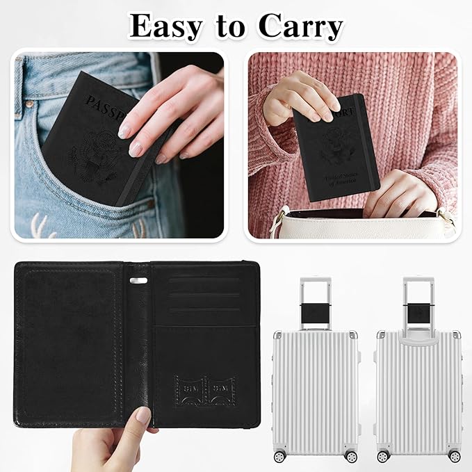 Passport Holder for Travel, RFID Blocking Passport Cover with Pen Holder Leather Passport Wallet Case Travel Must Haves Accessories Passport Book Card Holder for Family Travel Essentials Gifts, Black
