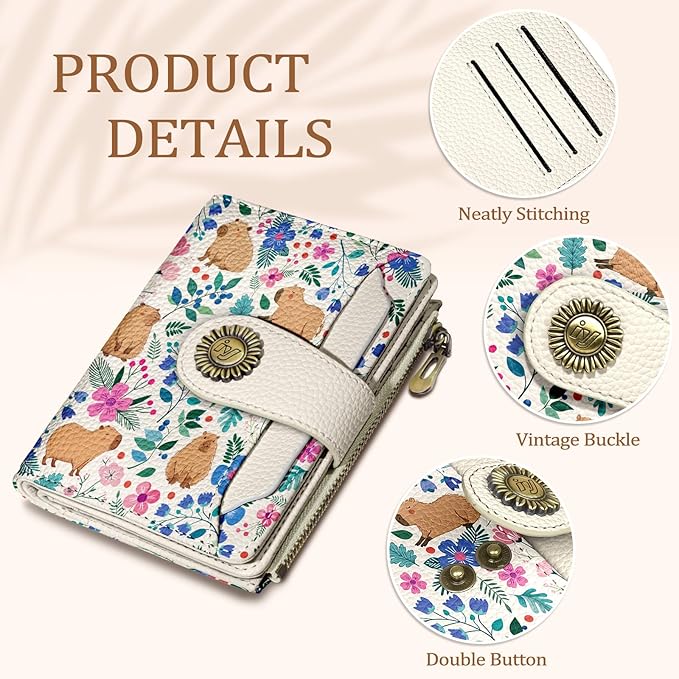 Icycay Cute Capybara Wallet Women Small RFID Blocking Bifold, Credit Card Holder, Zipper Coin Pocket, PU Leather, Compact, Travel, 4 ID Window, 14 Card Slots, Cash Purse, Ladies Woman Female Girls