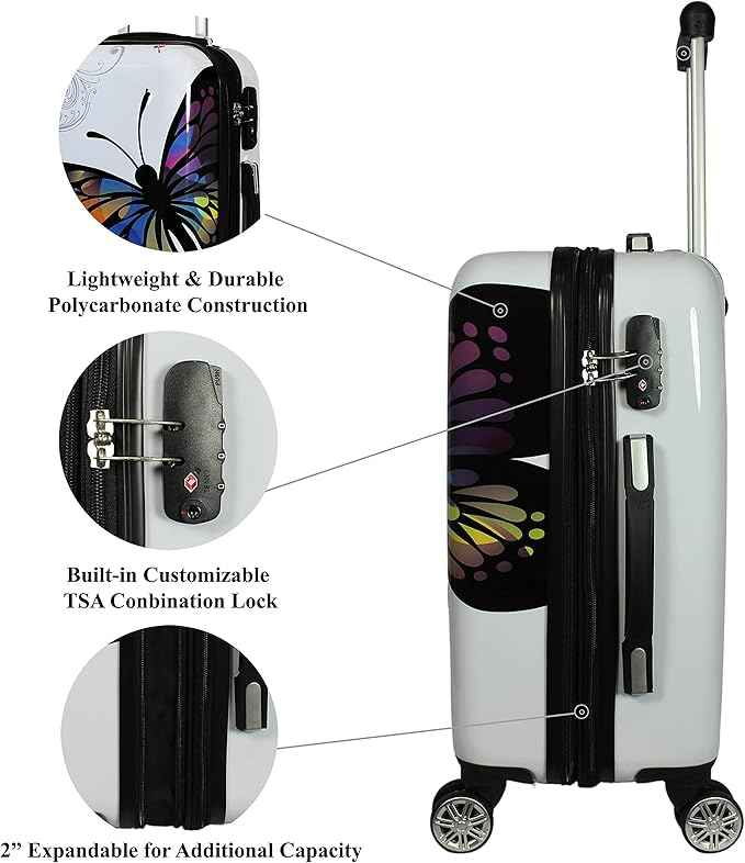 World Traveler Butterfly 20-Inch Carry-On Polycarbonage Hardside Expandable Spinner Luggage with Enhanced Wheel System
