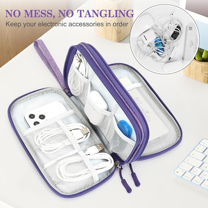 FYY Electronic Organizer, Travel Cable Organizer Bag Pouch Electronic Accessories Carry Case Portable Waterproof Double Layers Storage Bag for Cable, Cord, Charger, Phone, Medium Size, Dark Purple
