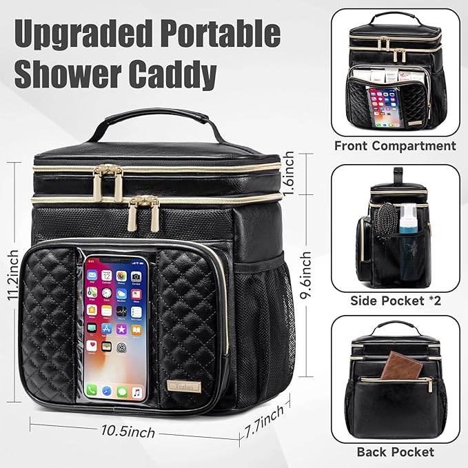 Large Leather Toiletry Bag for Women Men,Bathroom Bag,Water Resistant Shower Bag,Makeup Bag,Portable Shower Caddy for College Dorm,Hanging Travel Toiletry Bag with Transparent Waterproof Phone Pocket