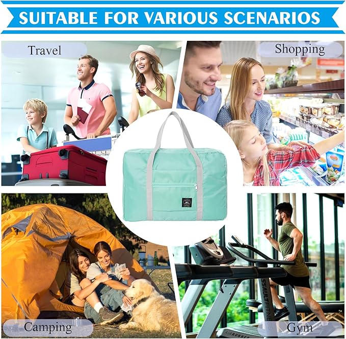 Foldable Travel Duffel Bag 2PCS Tote Carry on Luggage Bag Spirit Airlines Personal item Sports Gym Bag Water Resistant Weekender Overnight Bags for Women and Men (Green+Pink)