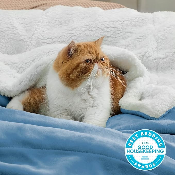Bedsure GentleSoft Sherpa Fleece Throw Blanket for Couch, Non-Heated, Thick and Warm Throw for Women and Men, Soft Fuzzy Plush Blanket for Winter, Washed Blue, 50x60 Inches