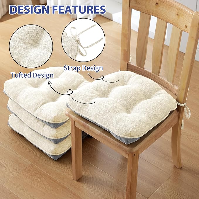 Chair Cushions for Dining Chairs Set of 4, Kitchen Chair Cushions, Chair Pads with Ties and Non Slip Backing, Tufted Memory Foam Seat Cushion 4 Pack, 15.5" x 15.5" x 4", Cream
