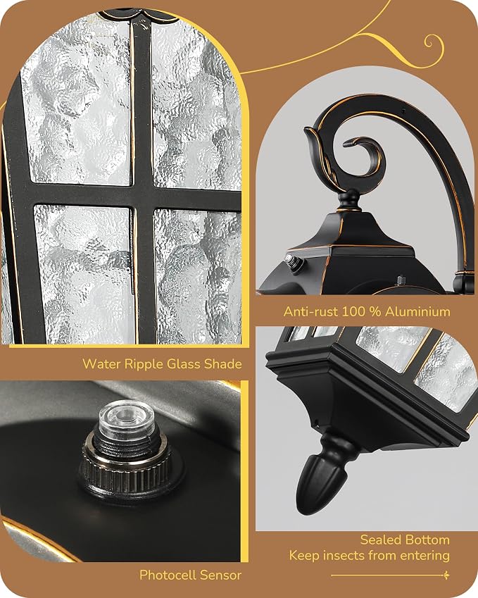 EDISHINE Dusk to Dawn Outdoor Wall Light, Roman Large Size Exterior Lantern Fixtures, E26 Base, Waterproof Porch Lights Wall Mount, Black Outside Wall Sconce, 2 Pack