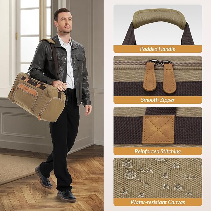 Canvas Duffle Bag for Travel 50L Expandable Travel Duffel Bags for Men Women Weekender Overnight Bag with Shoes Compartment - Brown