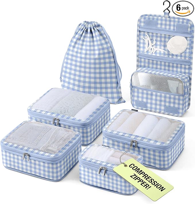 Vandel Space-Saving Compression Packing Cubes for Women with Hanging Toiletry Bag, Laundry Bag, Compressible Carry On Suit Case Organizer Luggage Packing Cubes for Travel Compression Organizer Bags