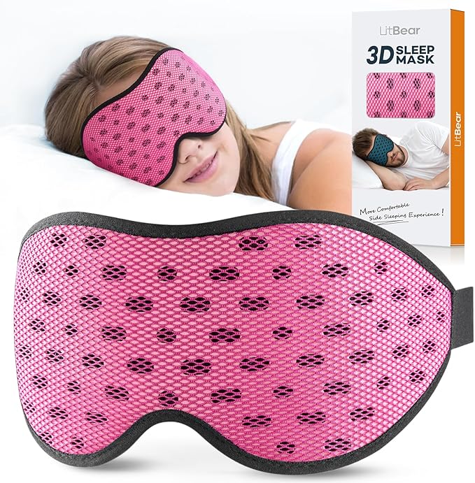 LitBear Breathable Sleep Mask, 3D Eye Mask Sleep for Side Sleepers Women Men, Light Blocking Sleeping Mask with Adjustable Strap, Soft Lightweight Eye Cover for Travel, Night Work, Nap, Office - Pink