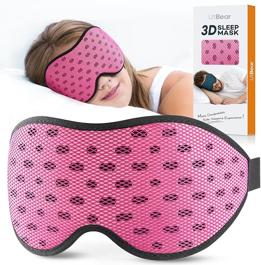 LitBear Breathable Sleep Mask, 3D Eye Mask Sleep for Side Sleepers Women Men, Light Blocking Sleeping Mask with Adjustable Strap, Soft Lightweight Eye Cover for Travel, Night Work, Nap, Office - Pink