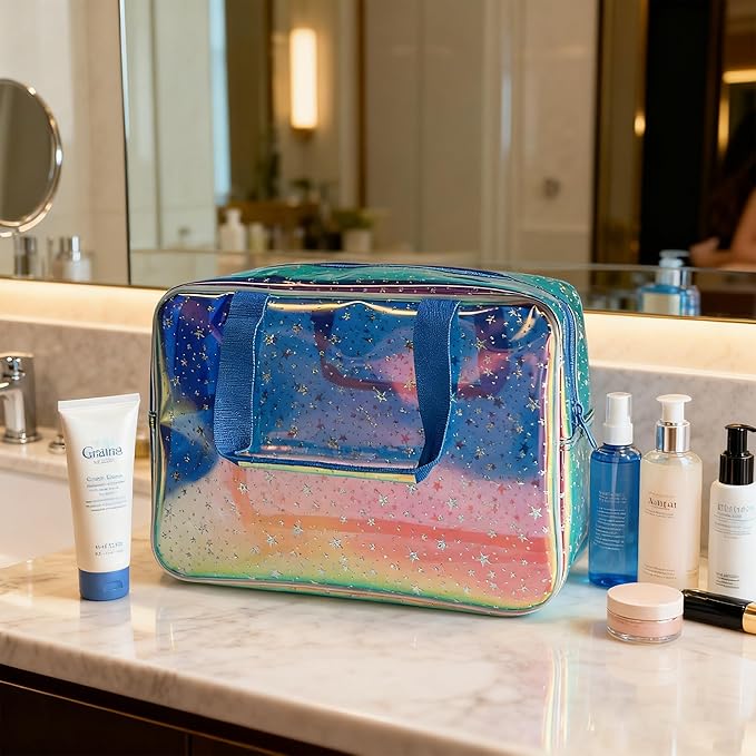 Holographic Blue Clear Star Large Cosmetic Bag and TPU Travel Pouch with Handle,Durable Material,Zipper Design-Ideal for Makeup,Travel Essentials (Holographic Blue+Star)
