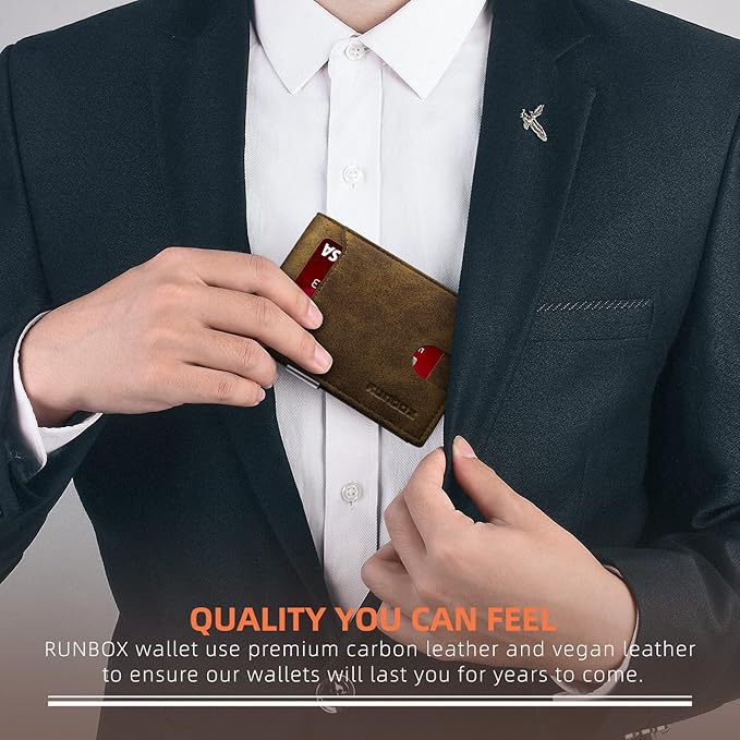 RUNBOX Slim Wallets for Men - Leather Money Clip Mens Wallet - RFID Blocking Front Pocket Bifold Wallet - Thin Credit Card Holder with Gift Box