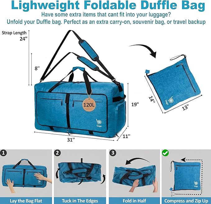 Bago Extra Large Duffle Bag for Travel Women & Men. Durable, Lightweight, Foldable Travel Duffel Bags For Traveling Women. 120L Duffle Bags Use As a Weekender Bag with Shoe Compartment, Checked Duffel