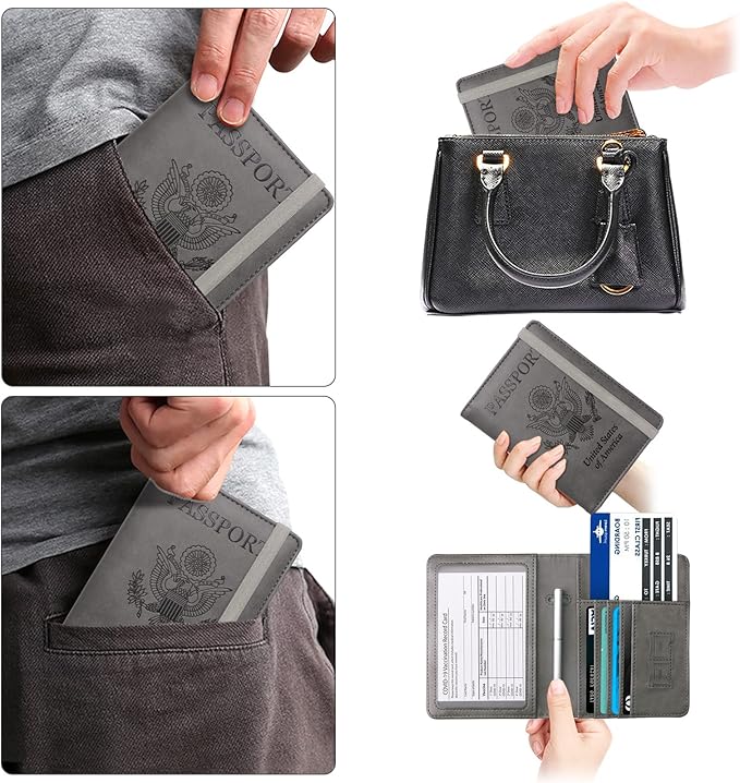 WALNEW Passport Holder Wallet, RFID Blocking Passport Cover Case PU leather Card Holder with Pen and Clear Card Slot for Women Men, Gray
