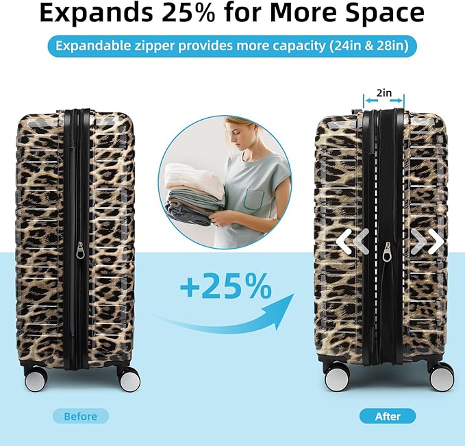 LARVENDER Luggage Sets 6 Piece, Expandable Luggage Hardside PC+ABS Leopard Suitcase Sets with Spinner Wheels TSA Lock, Lightweight Rolling Suitcase for Men and Women, Cheetah Print