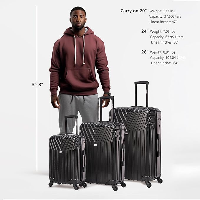 InUSA VASTY Luggage with Spinner Wheels | Durable Lightweight Hardshell Suitcase,Travel Sets with Handle and Trolley | (20in, 24in, 28in) 3 Piece Luggage Set | Black
