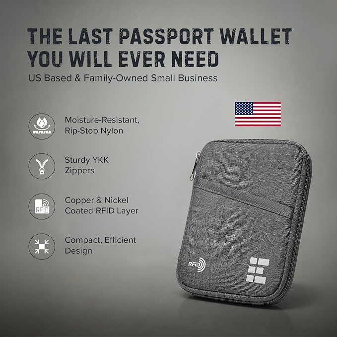 Zero Grid RFID Passport Holder & Travel Wallet, Zippered Wallet for Men & Women, Fits Passport, Cards, Cash, Tickets, ID, Sim Card; Premium & Compact Travel Document Holder - Shadow Grey