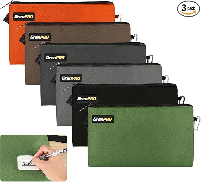 GRENPRO Tool Pouch Zipper Bag, Small Tool Bag 12", Multipurpose Storage Pouch, Heavy Duty Flat Bottom Tool Bag with Zipper, 6 Pack