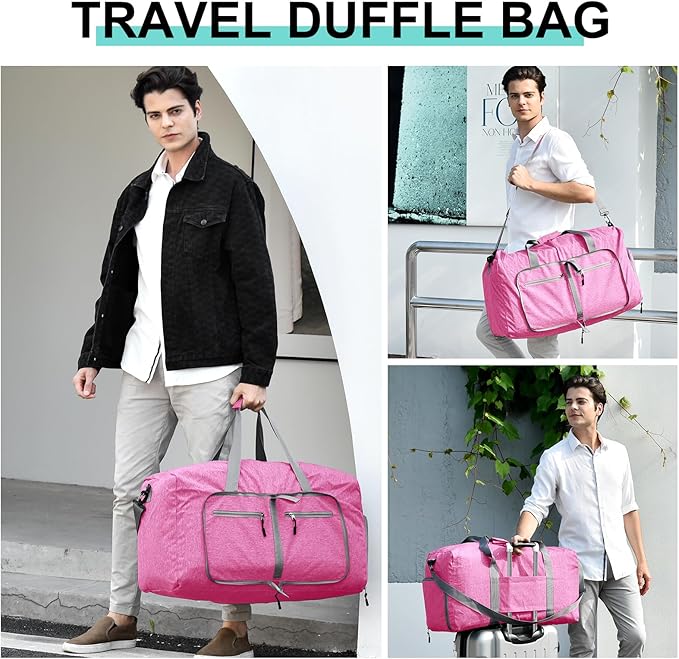 Dimayar 65L Travel Duffle Bag for Men Women - Foldable Duffel Bag with Shoes Compartment - Overnight Bags Waterproof & Tear Resistant(Rouge Pink)