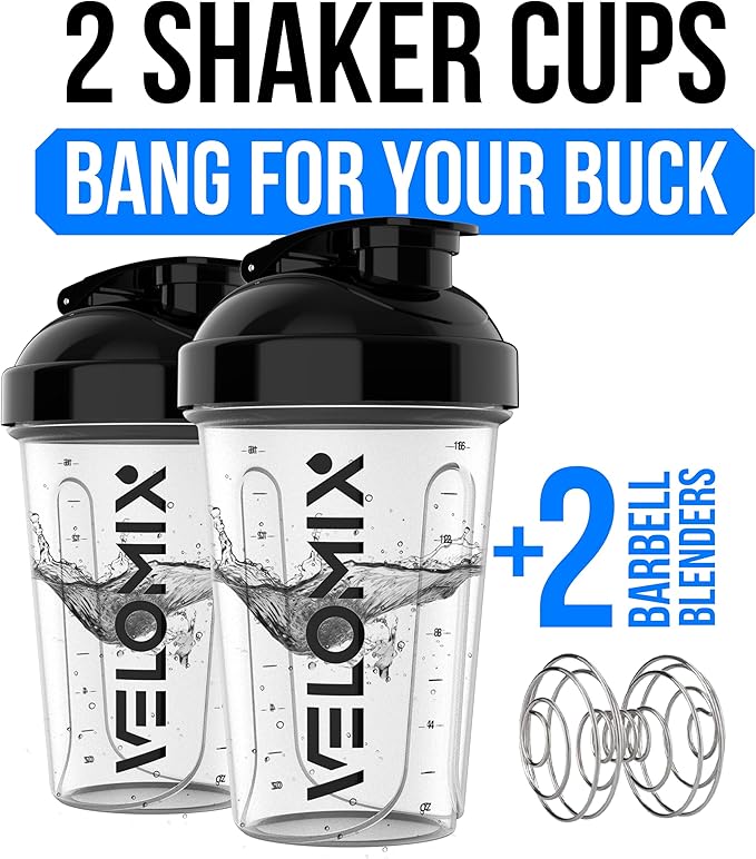 VELOMIX -2 Pack- 20 oz Protein Shaker Bottles for Protein Mixes - 2x Wire Whisk | Leak Proof Shaker Cups for Protein Shakes and Pre Workout | Protein Shaker Bottle Pack (Clear Prime)