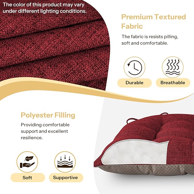 Chair Cushions for Dining Chairs Set of 2 Durable D-Shaped Seat Cushions with Non-Slip Backing Secure Ties Thick Cozy Seat Pad for Kitchen Dining Room Office(18x16.5x3in Burgundy)
