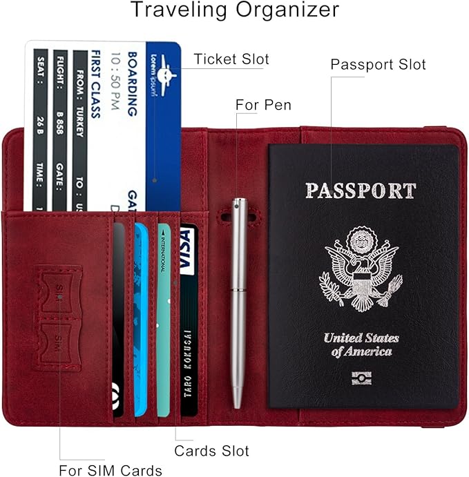WALNEW Passport Holder for Travel, RFID Passport Cover Wallet for Women Men, PU Leather Passport Book Card Holder Case with Pen, Travelling Essentials for Flying