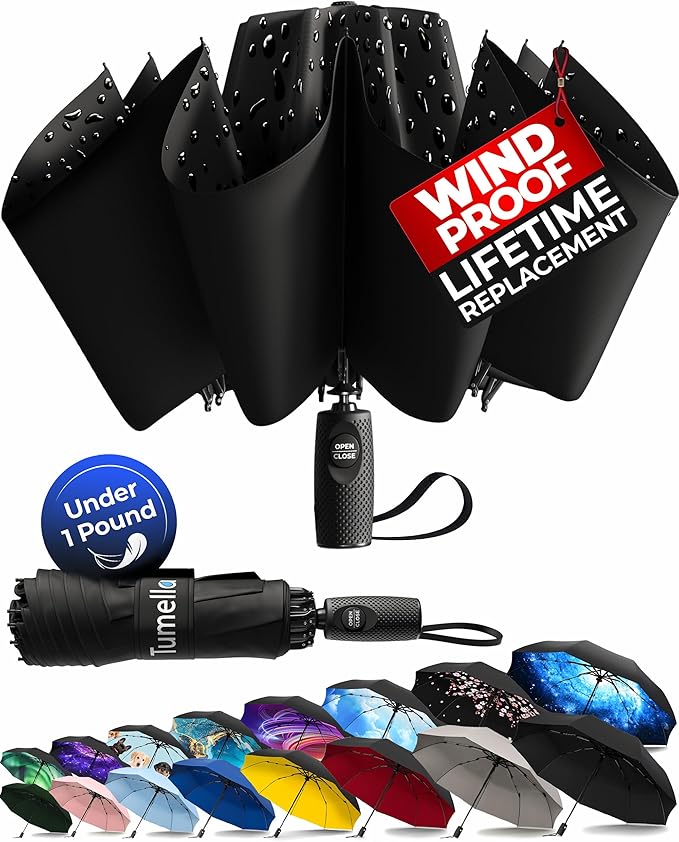 TUMELLA Inverted Windproof Umbrella, Large, Strong, Light, Portable, Automatic Reverse Folding Rain Umbrella, Durable Premium Grip, Fits Car & Backpack