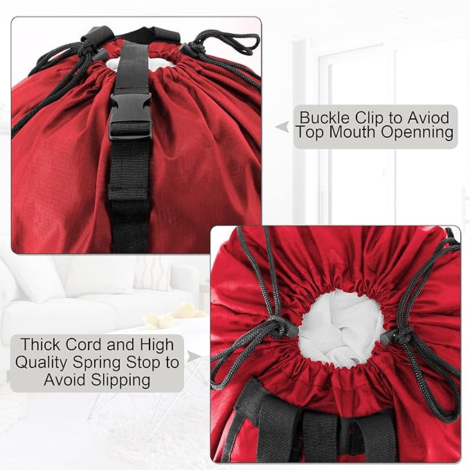 BeeGreen Laundry-Bag-Backpack-Extra-Large, Red Nylon Drawstring Portable Laundry Backpack Tall Foldable Heavy Duty Dirty Clothes Travel Bag with Handle College Dorm Apartment Essentials