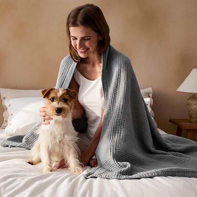 Bedsure 100% Cotton Muslin Blanket Queen Size for Bed - 4-Layer Breathable and Lightweight Thin Soft Summer Gauze Muslin Blankets for Adults, Grey, 90x90 Inches
