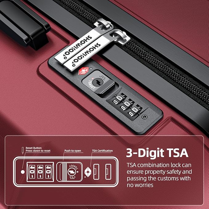 SHOWKOO Luggage Sets 3 Piece Expandable 100% PC Durable Hardshell Suitcase with Wheels TSA Lock Lightweight Wine Red