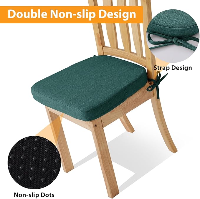 Chair Cushions for Dining Chairs, 2" Thick Seat Cushions for Kitchen Chairs, D-Shaped Chair Pads with Washable Cover, Ties and Non Slip Backing, 17'' x 16'', Set of 4, Green