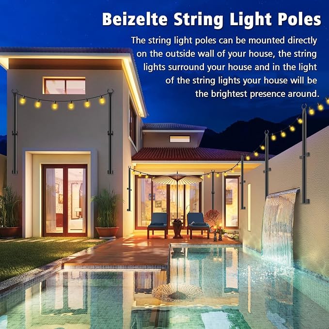 Beizelte 8 Pack 5Ft String Light Poles,Outside String Lights,Outdoor Light Poles,Metal Poles Stand for Patio,Backyard,Deck